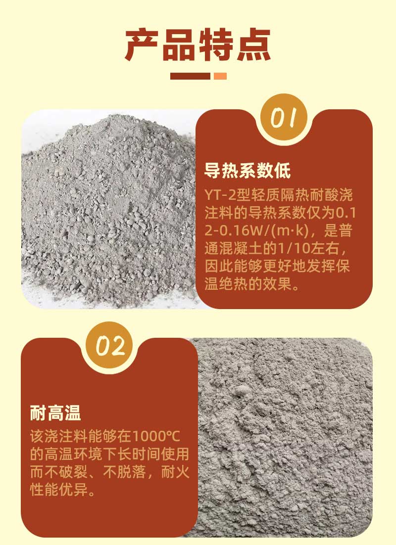 yt-2型輕質(zhì)隔熱耐酸澆注料產(chǎn)品特點